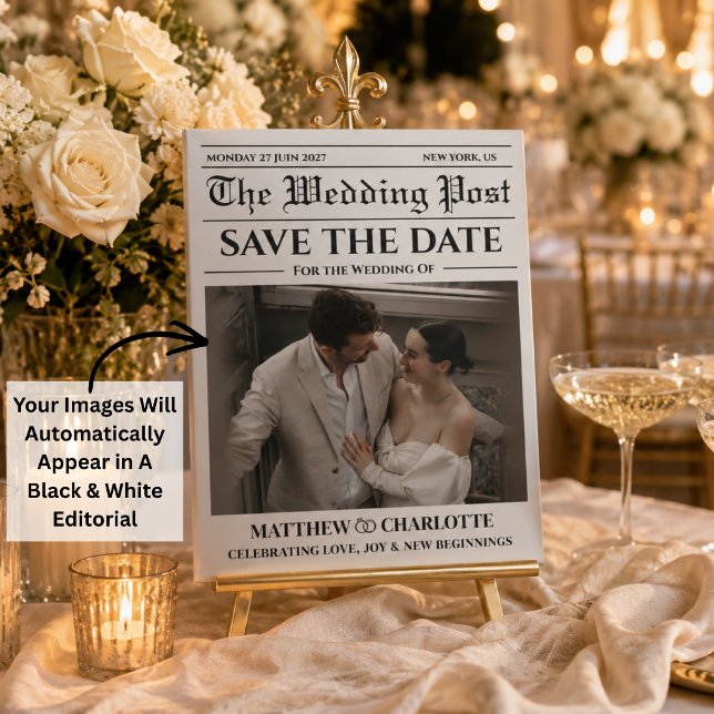 Newspaper Save the Date Wedding Black white Card (Newspaper Save the Date Wedding Black and white photo Card)