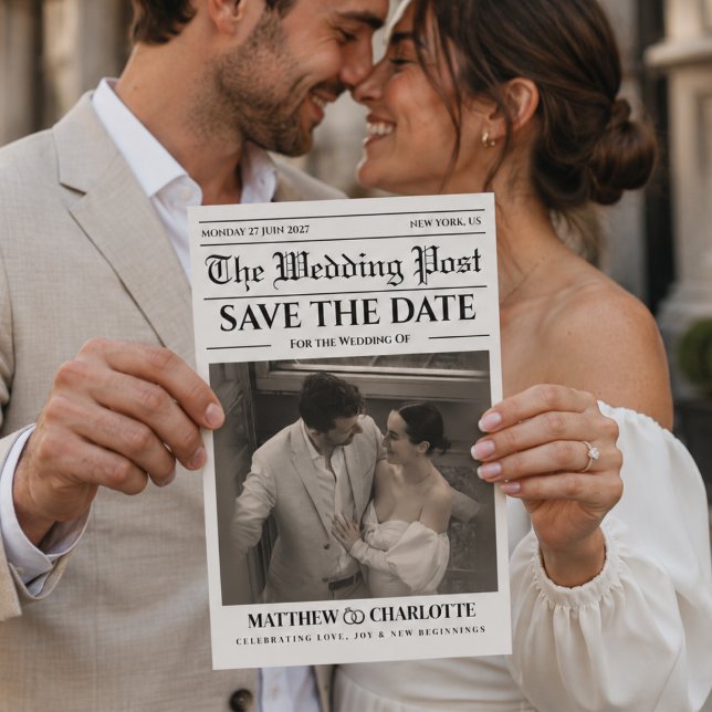 Newspaper Save the Date Wedding Card (vintage newspaper wedding save the date cards black and white unique fun classic retro)