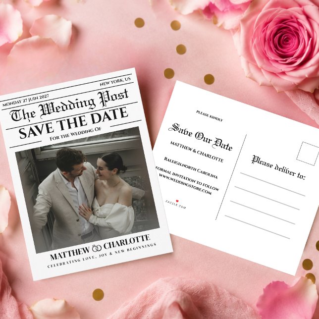 Newspaper Save the Date Wedding Card (newspaper save the date unique black and white fun vintage retro )