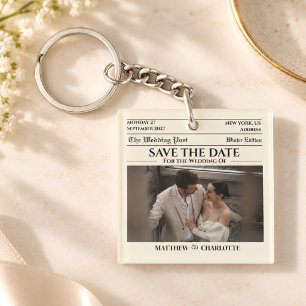 Newspaper Save the Date Wedding Ivory Key Ring