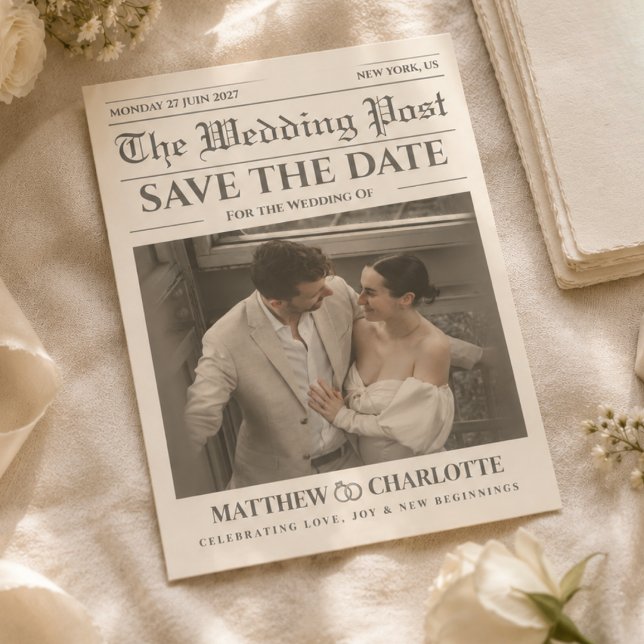 Newspaper Save the Date Wedding Warm Ivory Card (Newspaper Save the Date unique Wedding Warm Ivory Card modern minimalist vintage)