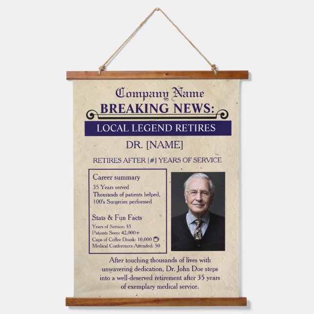Newspaper Style Doctor Retirement Card | Custom Hanging Tapestry (Front)