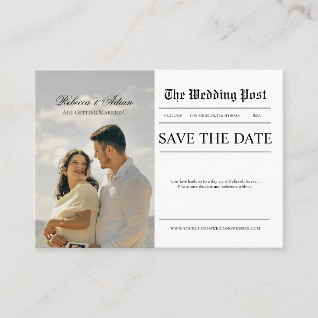 Newspaper Style Photo Wedding Save The Date  Enclosure Card (Front)