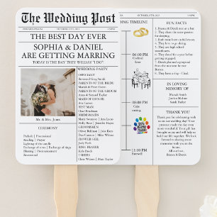 Newspaper-Style Wedding Program with Photo Timelin Hand Fan