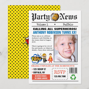 Newspaper Superhero Birthday Party photo Invite