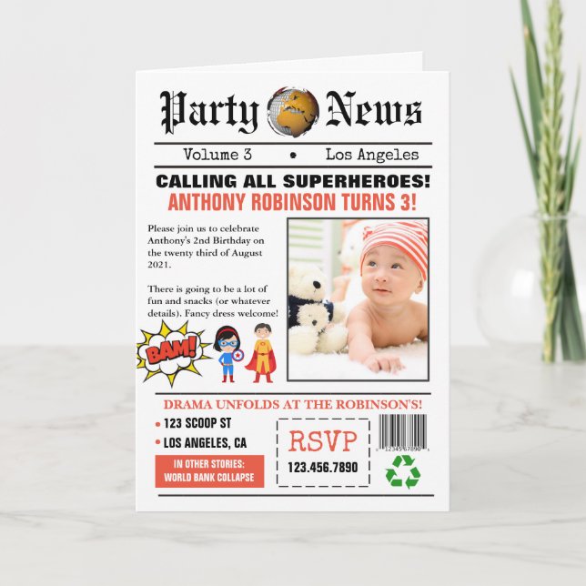 Newspaper Superheroes Birthday Party Photo Invitation (Front)