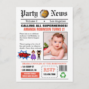 Newspaper Superheroes Birthday Party Photo Postcard