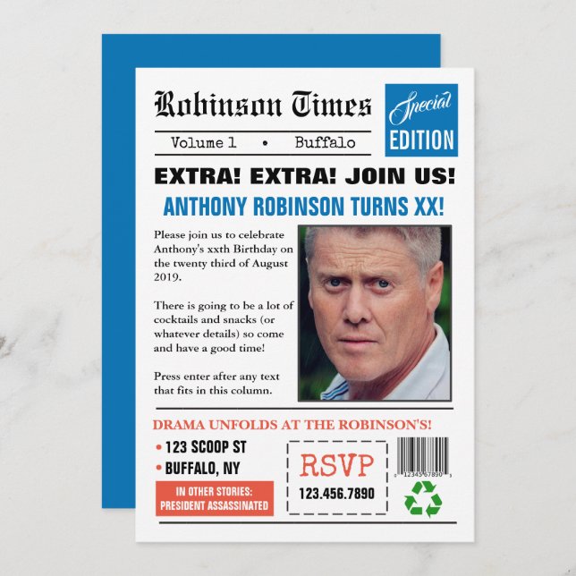 Newspaper themed any age Birthday photo Invitation (Front/Back)