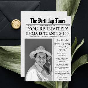 Newspaper Unique Fun 100th Birthday Photo Party Invitation