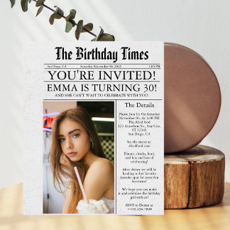 Newspaper Unique Fun 30th Birthday Photo Party Invitation