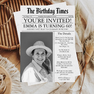 Newspaper Unique Fun 60th Birthday Photo Party Invitation