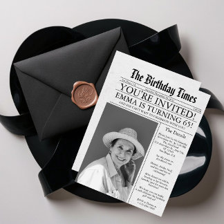 Newspaper Unique Fun 65th Birthday Photo Party Invitation