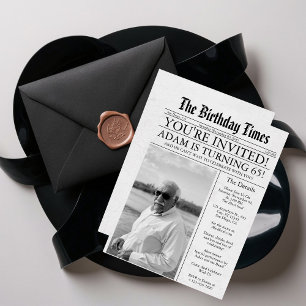 Newspaper Unique Fun 65th Birthday Photo Party  Invitation