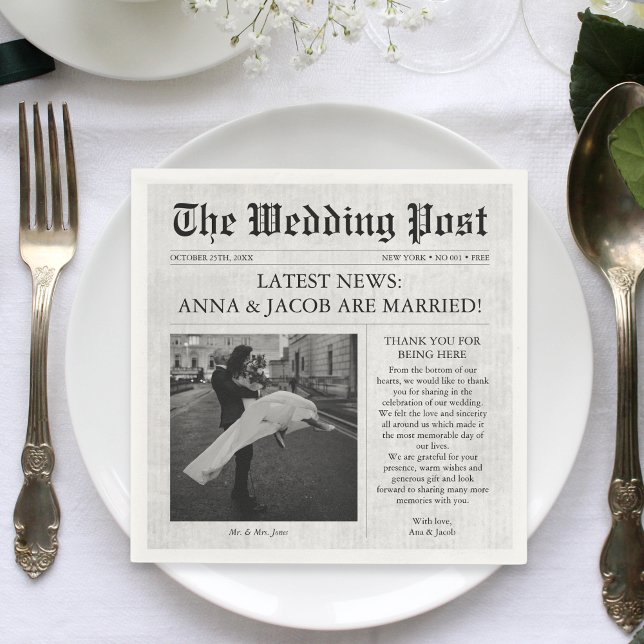 Newspaper Unique Fun Facts Photo Wedding Napkin (Wedding Newspaper Personalized Napkins)