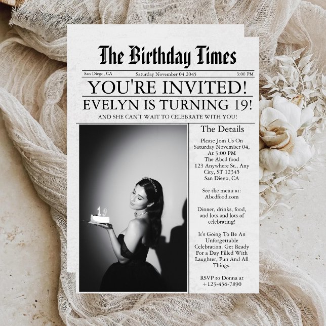 Newspaper Unique Fun Photo 19th Birthday Party Invitation (Creator Uploaded)