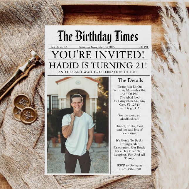 Newspaper Unique Fun Photo 21st Birthday Party Invitation (Creator Uploaded)