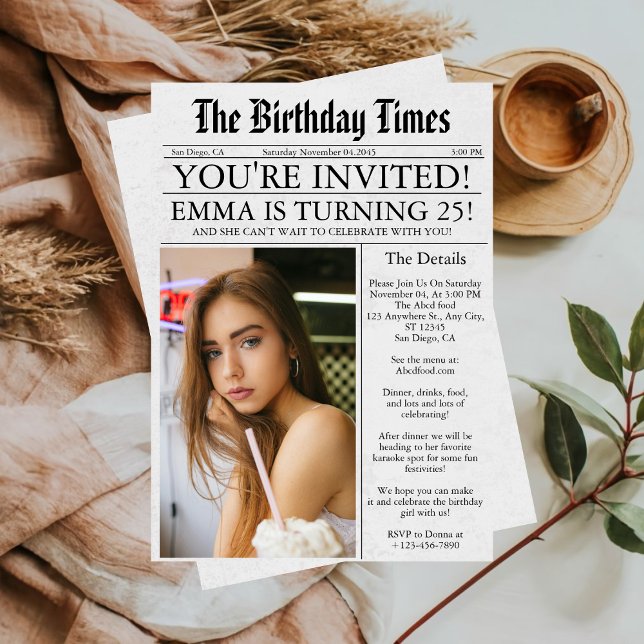 Newspaper Unique Fun Photo 25th Birthday Party Invitation (Creator Uploaded)