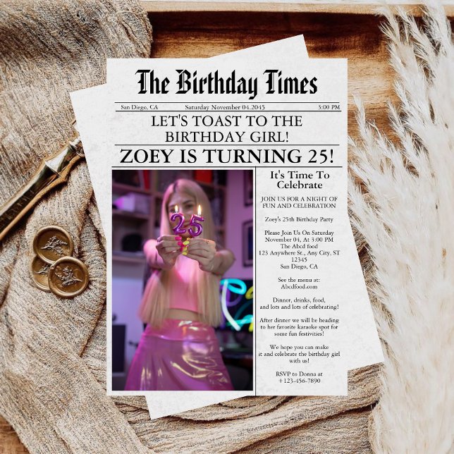 Newspaper Unique Fun Photo 25th Birthday Party  Invitation (Creator Uploaded)