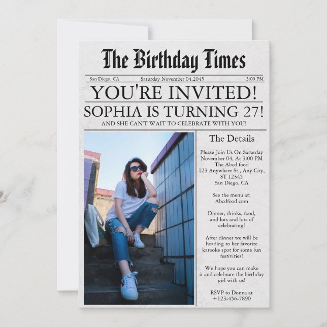Newspaper Unique Fun Photo 27th Birthday Party Invitation (Front)