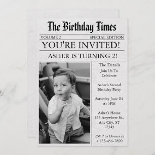 Newspaper Unique Fun Photo 2nd Birthday Party Invitation
