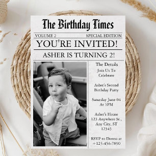 Newspaper Unique Fun Photo 2nd Birthday Party Invitation