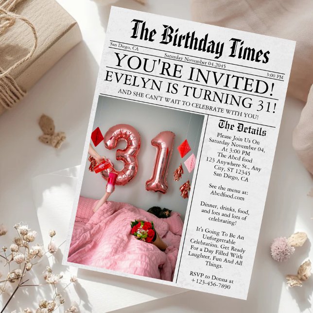 Newspaper Unique Fun Photo 31st Birthday Party Invitation (Creator Uploaded)