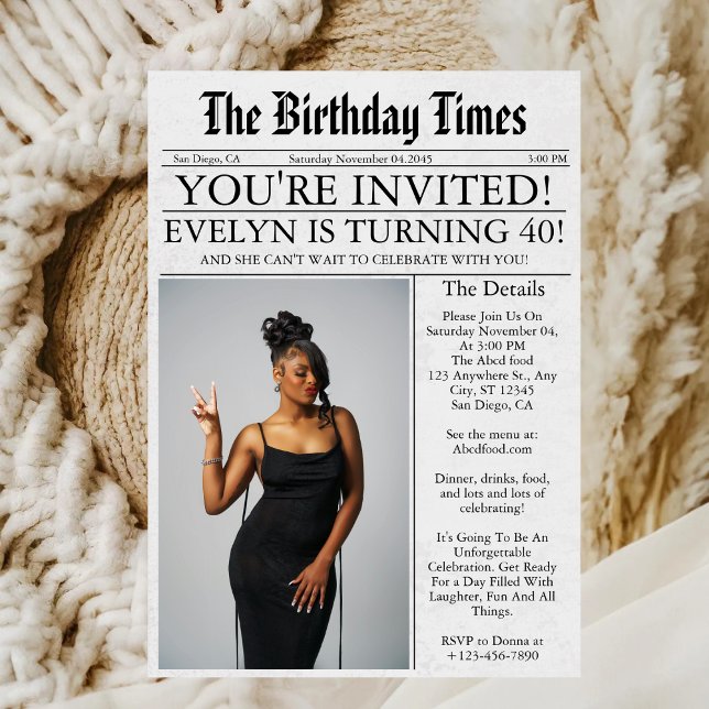 Newspaper Unique Fun Photo 40th Birthday Party Invitation (Creator Uploaded)