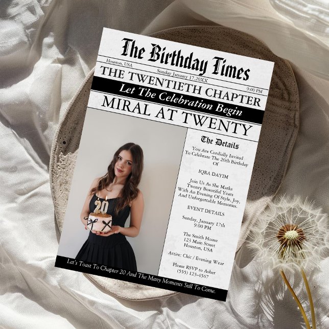 Newspaper Unique Fun Photo Girl 20th Birthday  Invitation (Creator Uploaded)