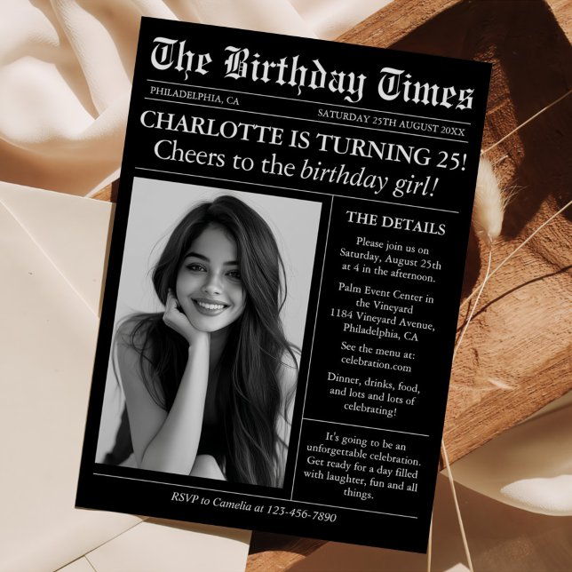 Newspaper Unique Photo 25th Birthday Invitation (Creator Uploaded)