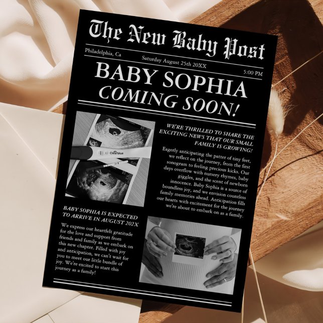 Newspaper Unique Photo Aesthetic Baby Shower Invitation (Creator Uploaded)