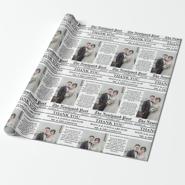 Newspaper Unique Photo Wedding Thank You  Wrapping Paper (Unrolled)