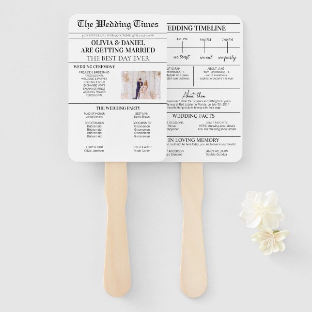 Newspaper Wedding Day Program Wedding Timeline Hand Fan (Front and Back)