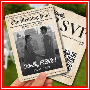 Newspaper Wedding Rustic Elegant QR Code RSVP  Invitation
