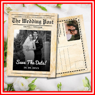 Newspaper Wedding Rustic Elegant Save The Date Postcard