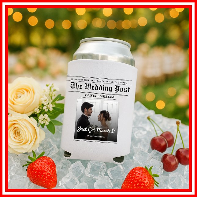 Newspaper Wedding Table Number Modern PHOTO Can Cooler (Creator Uploaded)