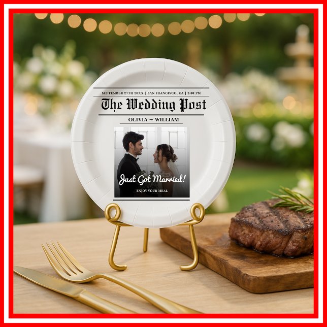 Newspaper Wedding Table Number Modern PHOTO Paper Plate (Creator Uploaded)
