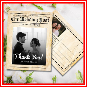 Newspaper Wedding Unique Rustic Elegant Thank You Postcard