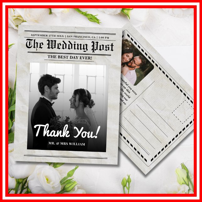 Newspaper Wedding Unique Vintage Elegant Thank You Postcard (Creator Uploaded)