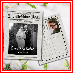 Newspaper Wedding Vintage Elegant Save The Date Postcard