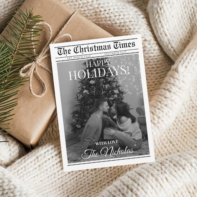 Newspaper What A Year Black White Photo Christmas Holiday Card (Creator Uploaded)