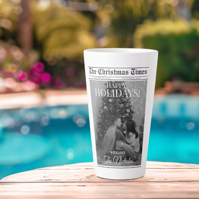 Newspaper What A Year Black White Photo Christmas Latte Mug (Creator Uploaded)