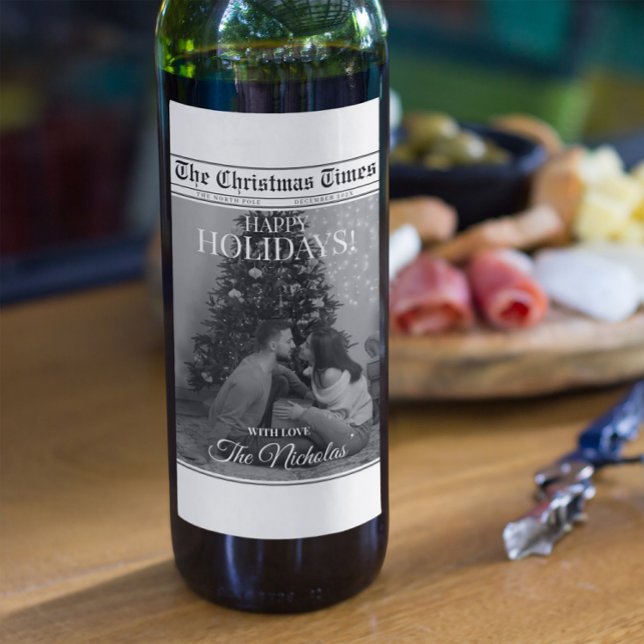 Newspaper What A Year Black White Photo Christmas Wine Label (Creator Uploaded)