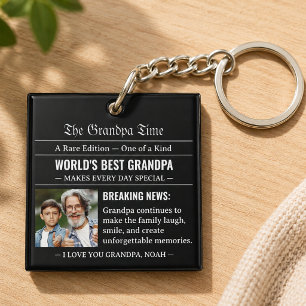 Newspaper World's Best Grandpa Photo Black White Key Ring