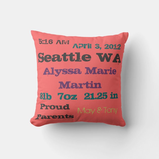 Newsprint Birth Announcement Cushion (Front)
