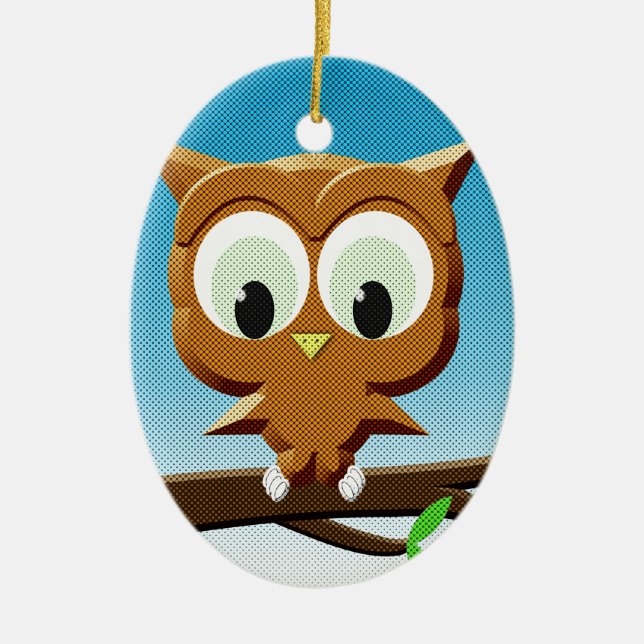 Newsprint Cartoon Owl Ceramic Tree Decoration (Front)