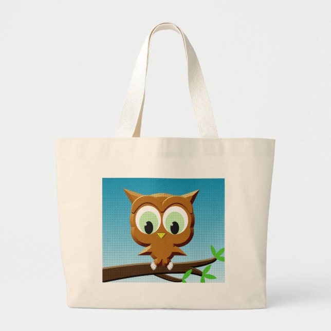 Newsprint Cartoon Owl Large Tote Bag (Front)