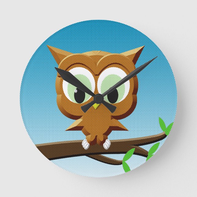 Newsprint Cartoon Owl Round Clock (Front)