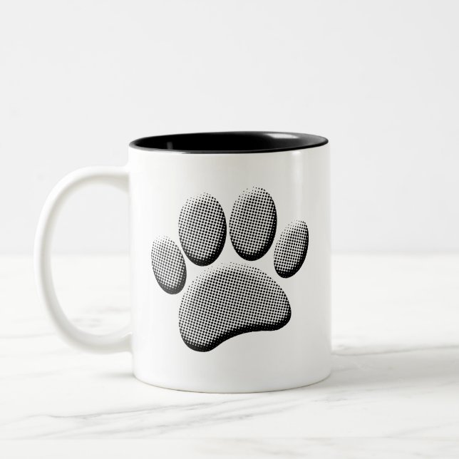 Newsprint Halftone Cartoon Dog Paw Prints Two-Tone Coffee Mug (Left)