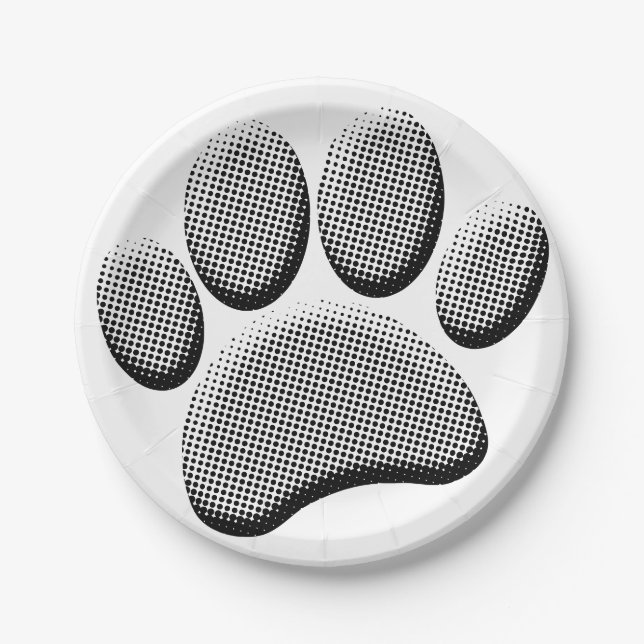 Newsprint Halftones Cartoon Dog Paw Prints Paper Plate (Front)