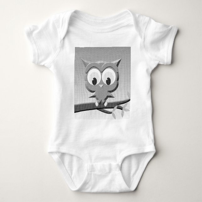 Newsprint Owl In Black And White Baby Bodysuit (Front)